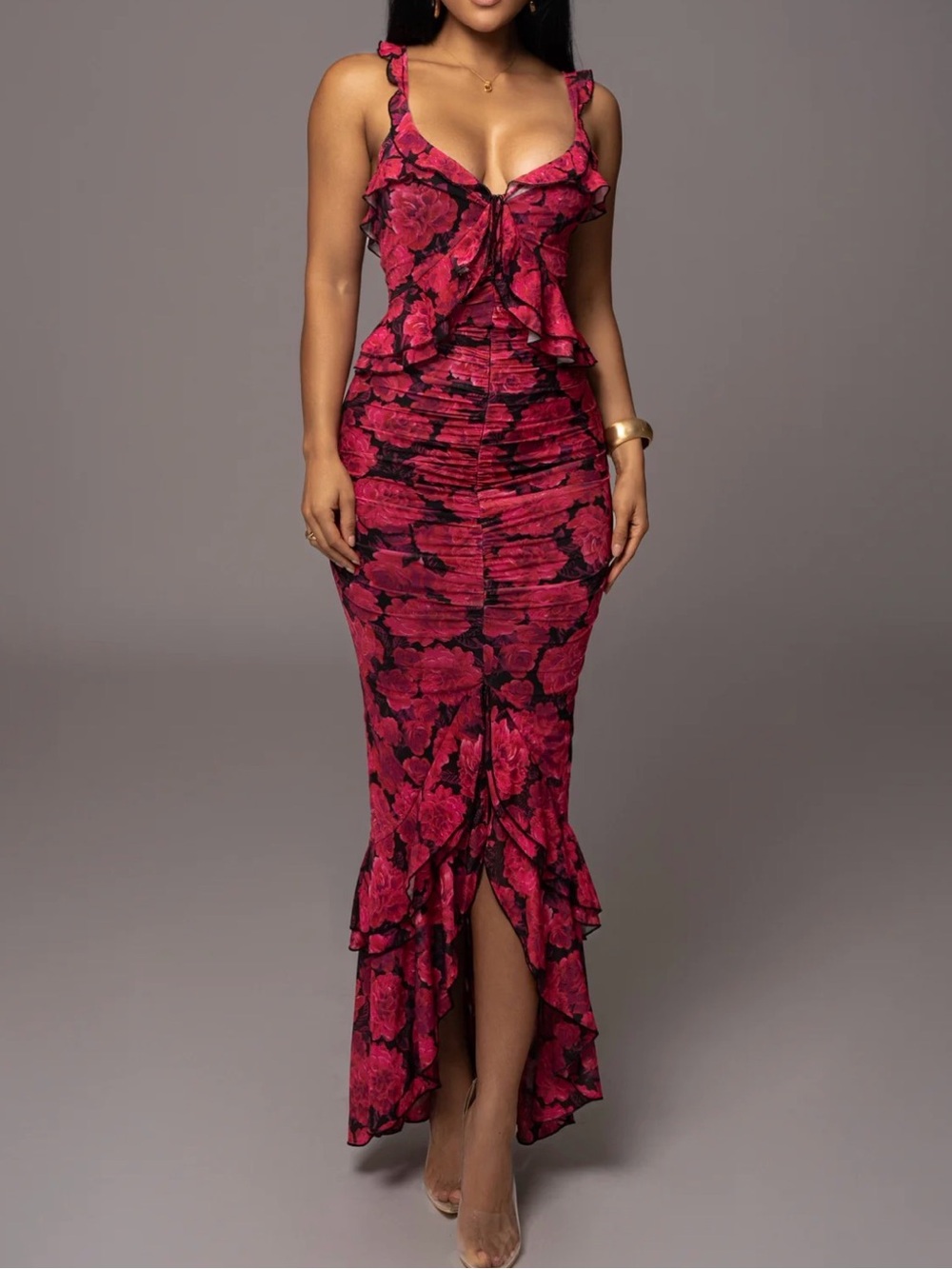 NWT JLUXLABEL Red Floral Ruffle Halter High Low Scrunched Maxi Dress Black Pink